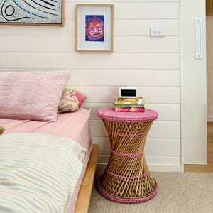 Rattan Round Stool - Pink